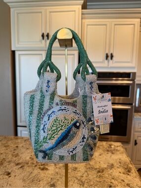 Handcrafted Beaded Sardines & Oysters handbag - Green & White